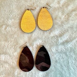 Leather Gold and Camo Teardrop Earrings